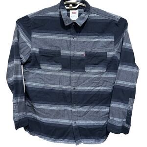 Levis Mens Flannel Shirt XL Gray Striped Button Up Long Sleeve 100% Cotton Y2K